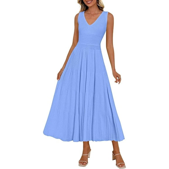 PRETTYGARDEN Women's Summer Casual Dresses Spring Sleeveless V Neck Midi Business Work A Line Pleated Cocktail Dress