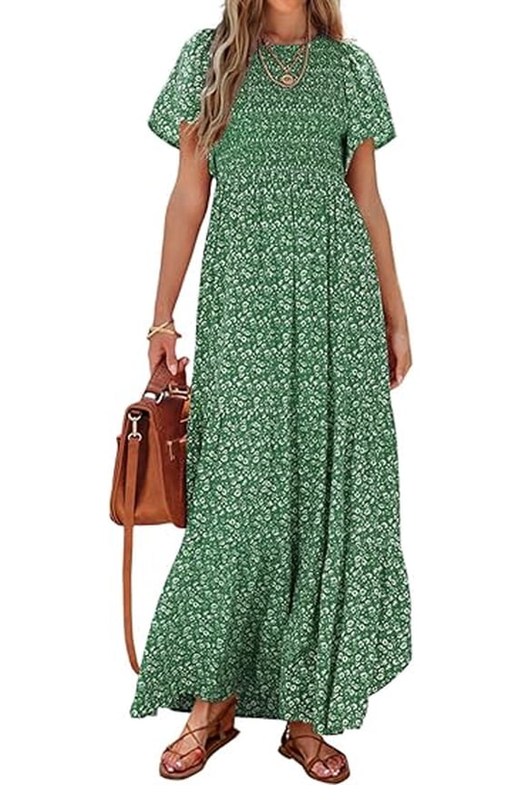 Women's Summer Casual Flutter Short Sleeve Boho Floral Maxi Dress Crew Neck Smocked Tiered Long Dresses