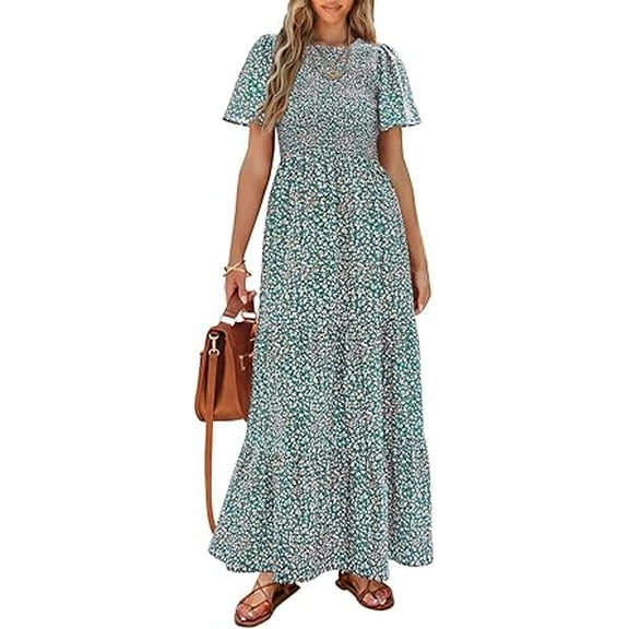 PRETTYGARDEN Women's Summer Casual Flutter Short Sleeve Boho Floral Maxi Dress Crew Neck Smocked Tiered Long Dresses