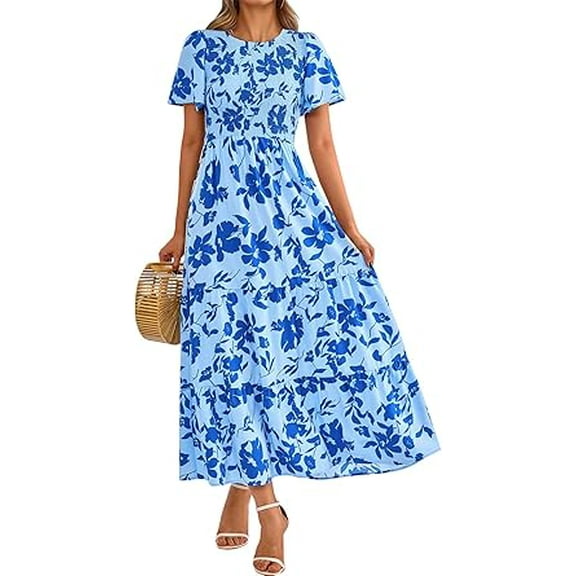 PRETTYGARDEN Women's Summer Casual Flutter Short Sleeve Boho Floral Maxi Dress Crew Neck Smocked Tiered Long Dresses