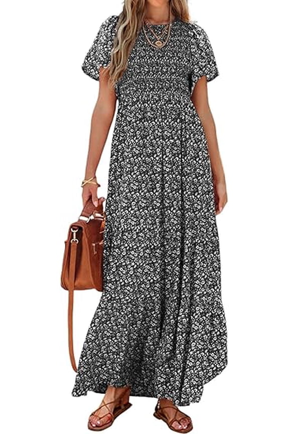 Women's Summer Casual Flutter Short Sleeve Boho Floral Maxi Dress Crew Neck Smocked Tiered Long Dresses