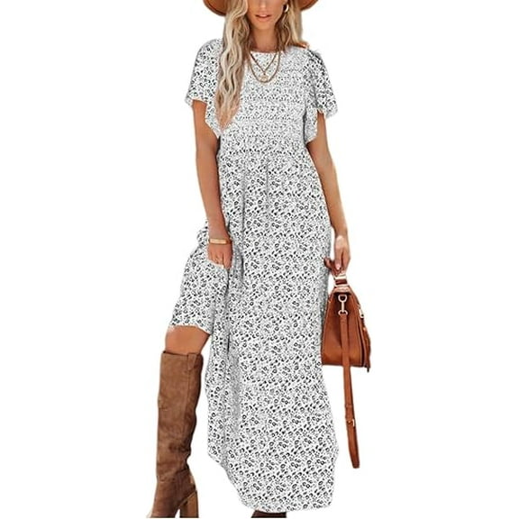PRETTYGARDEN Women's Summer Casual Flutter Short Sleeve Boho Floral Maxi Dress Crew Neck Smocked Tiered Long Dresses
