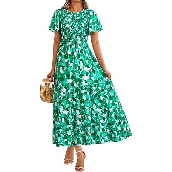 PRETTYGARDEN Women's Summer Casual Flutter Short Sleeve Boho Floral Maxi Dress Crew Neck Smocked Tiered Long Dresses