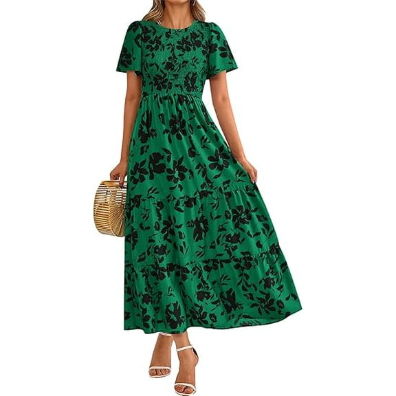 PRETTYGARDEN Women's Summer Casual Flutter Short Sleeve Boho Floral Maxi Dress Crew Neck Smocked Tiered Long Dresses