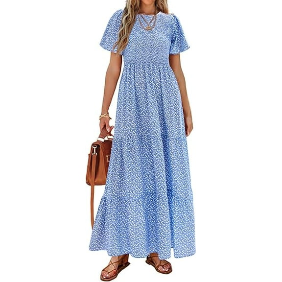 PRETTYGARDEN Women's Summer Casual Flutter Short Sleeve Boho Floral Maxi Dress Crew Neck Smocked Tiered Long Dresses