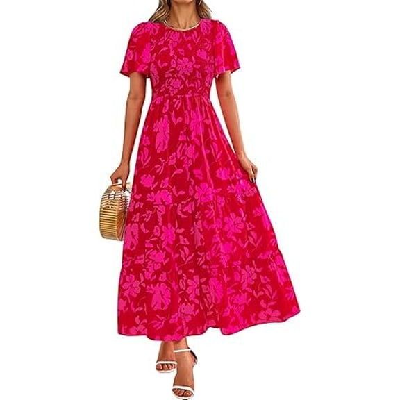 PRETTYGARDEN Women's Summer Casual Flutter Short Sleeve Boho Floral Maxi Dress Crew Neck Smocked Tiered Long Dresses