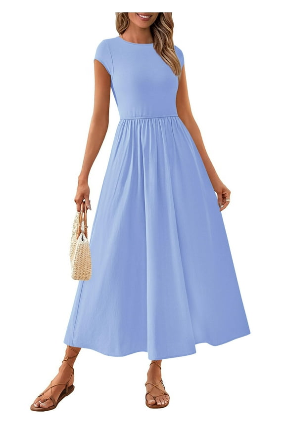 Women's Summer Casual Long Dresses Cap Sleeve Patchwork A Line Flowy Modest Elegant Homecoming Maxi Dress