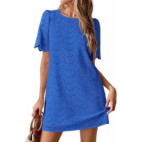 PRETTYGARDEN Women's Summer Casual Short Dresses Embroidered Lace Short Sleeve Boho Mini Dress Beach Vacation Clothes