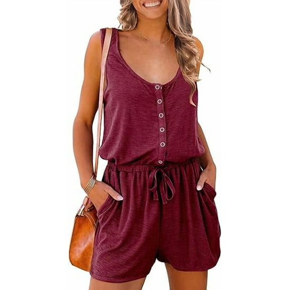 PRETTYGARDEN Women's Summer Casual Shorts Jumpsuit Plain Scoop Neck Button Down Sleeveless Tank Top Rompers With Pockets
