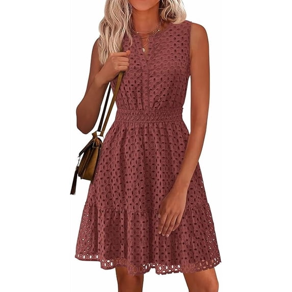 PRETTYGARDEN Women's Summer Dresses Sleeveless V Neck Eyelet Hollow Out Swing A Line Beach Vacation Sun Dress