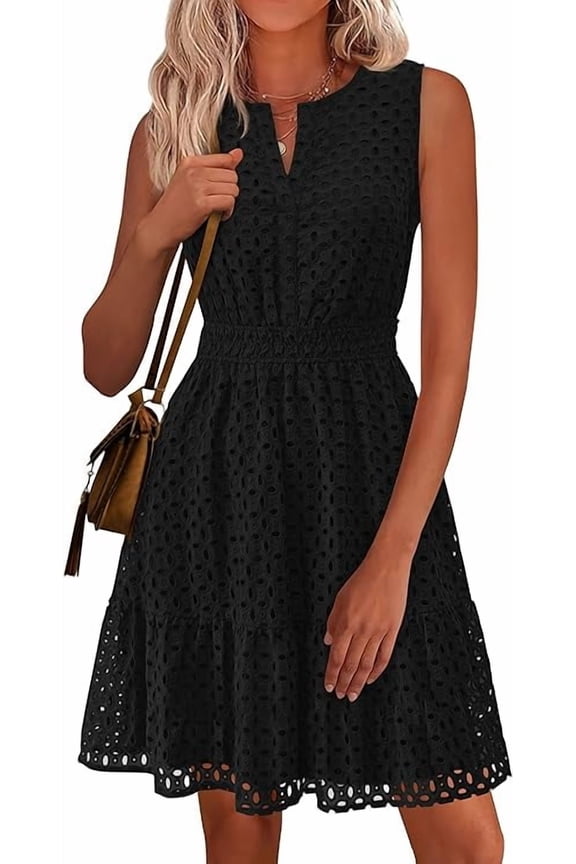 Women's Summer Dresses Sleeveless V Neck Eyelet Hollow Out Swing A Line Beach Vacation Sun Dress