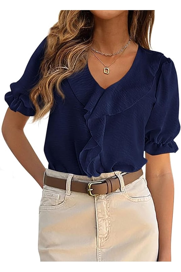 Women's Summer Dressy Casual Blouses Short Sleeve V Neck Ruffle Going Out Tops Shirt Trendy Spring Outfits