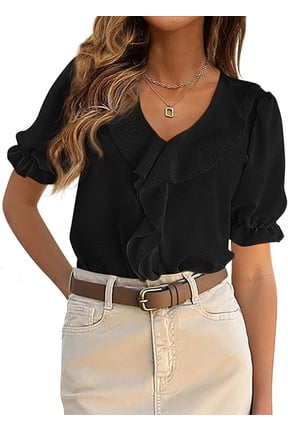 Women's Summer Dressy Casual Blouses Short Sleeve V Neck Ruffle Going Out Tops Shirt Trendy Spring Outfits