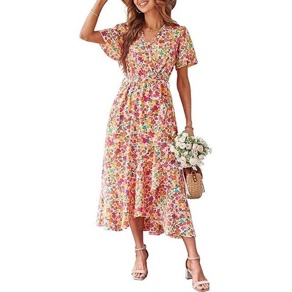 PRETTYGARDEN Women's Summer Floral Boho Maxi Dress Short Sleeve Wrap V Neck Ruffle Long Flowy Beach Wedding Guest Dresses