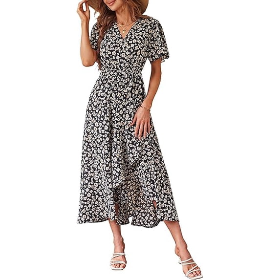 PRETTYGARDEN Women's Summer Floral Boho Maxi Dress Short Sleeve Wrap V Neck Ruffle Long Flowy Beach Wedding Guest Dresses