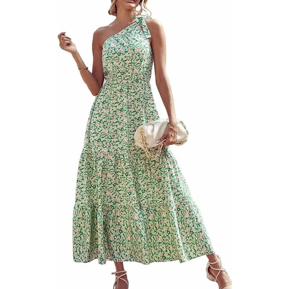 PRETTYGARDEN Women's Summer Floral One Shoulder Maxi Dress Knot Ruffle Boho Beach Vacation Wedding Guest Long Sun Dresses