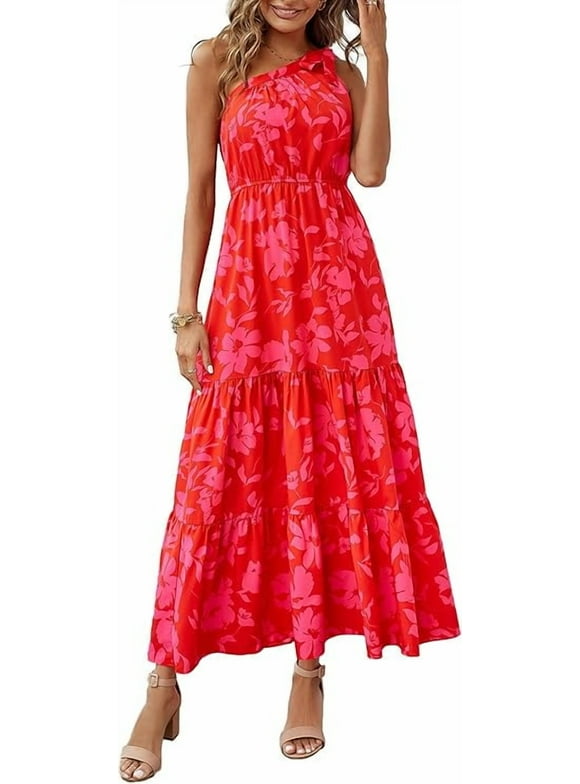 Women's Summer Floral One Shoulder Maxi Dress Knot Ruffle Boho Beach Vacation Wedding Guest Long Sun Dresses