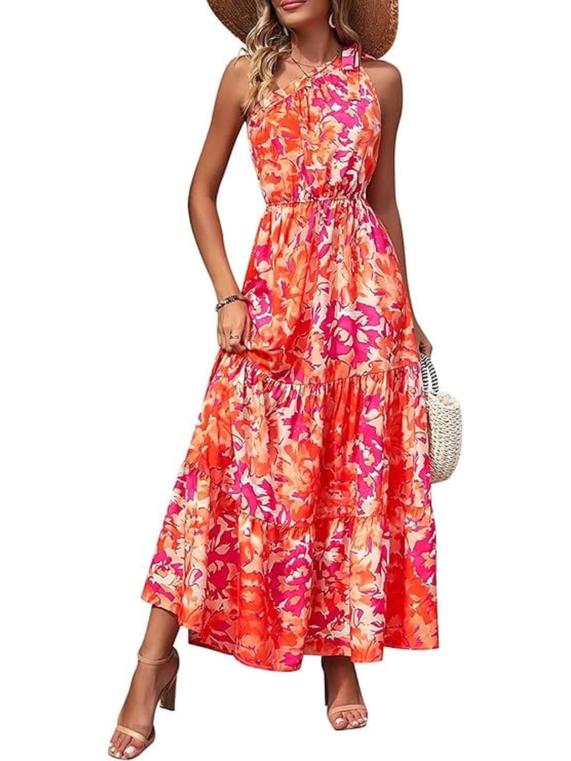 PRETTYGARDEN Women's Summer Floral One Shoulder Maxi Dress Knot Ruffle Boho Beach Vacation Wedding Guest Long Sun Dresses