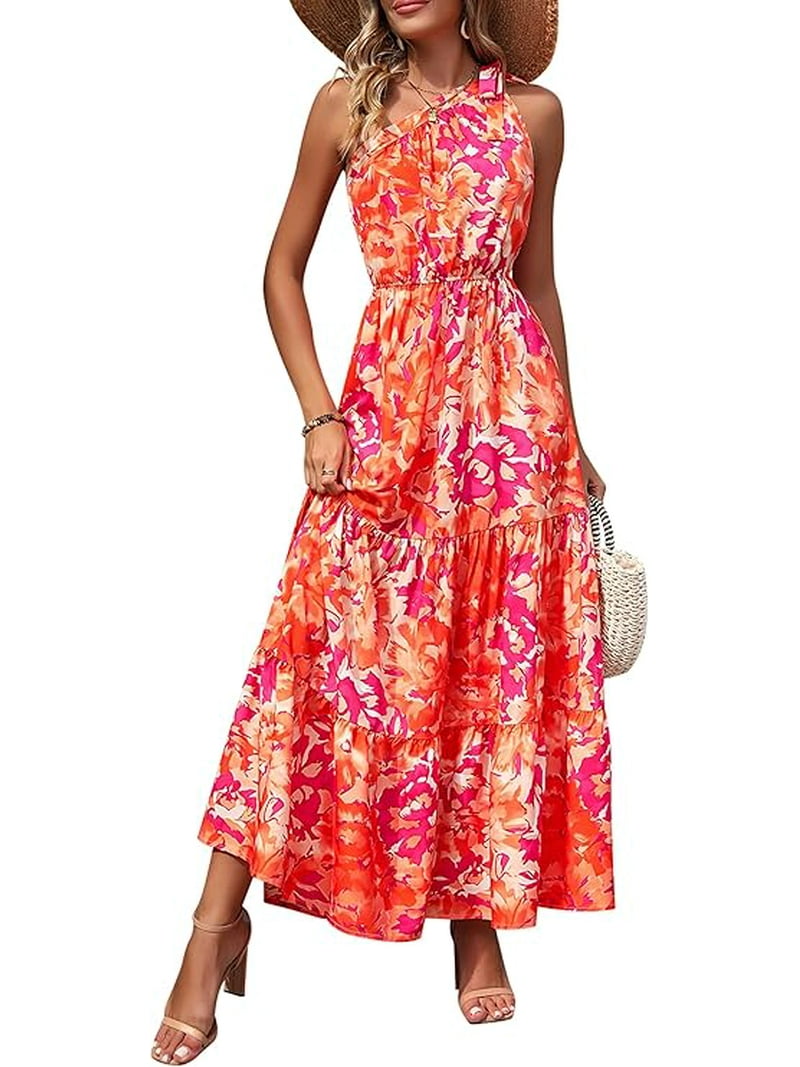PRETTYGARDEN Women's Summer Floral One Shoulder Maxi Dress Knot Ruffle Boho  Beach Vacation Wedding Guest Long Sun Dresses - Walmart.com