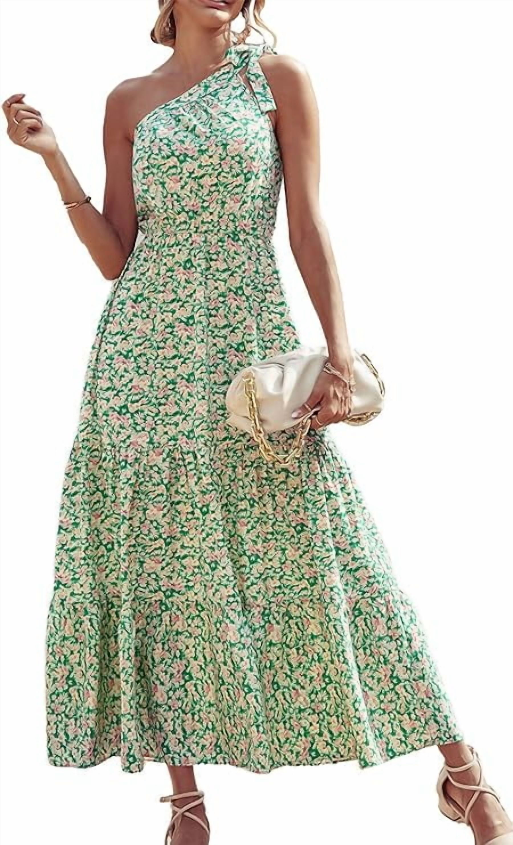 Prettygarden Women's Summer Floral One Shoulder Maxi Dress Knot Ruffle Boho Beach Vacation Wedding Guest Long Sun Dresses, Size: 2XL, Green