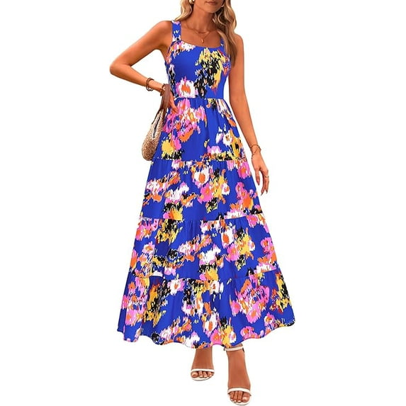 PRETTYGARDEN Women's Summer Floral Maxi Dress Sleeveless Smocked Ruffle Long Flowy Beach Vacation Boho Sundresses