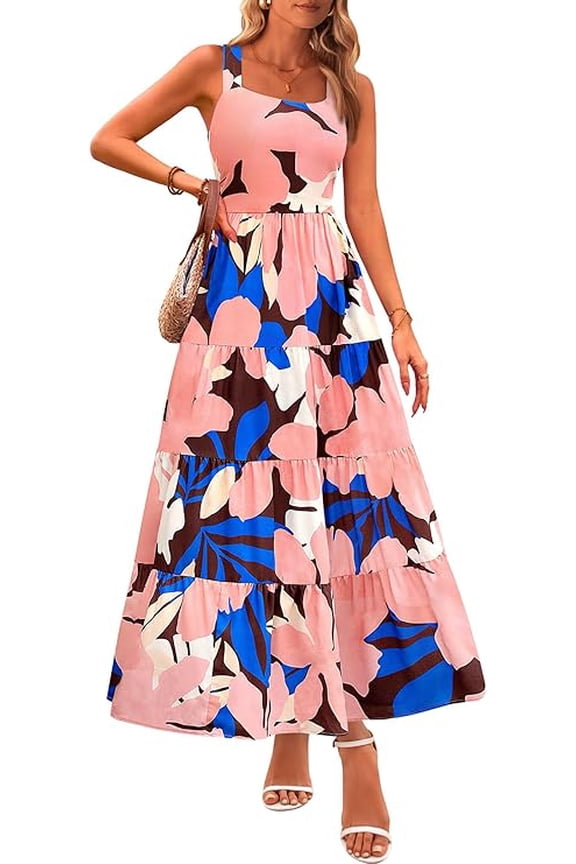 Women's Summer Floral Maxi Dress Sleeveless Smocked Ruffle Long Flowy Beach Vacation Boho Sundresses
