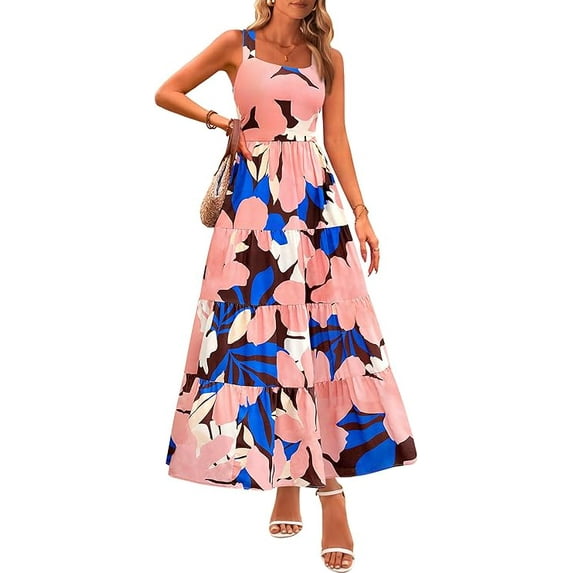 PRETTYGARDEN Women's Summer Floral Maxi Dress Sleeveless Smocked Ruffle Long Flowy Beach Vacation Boho Sundresses