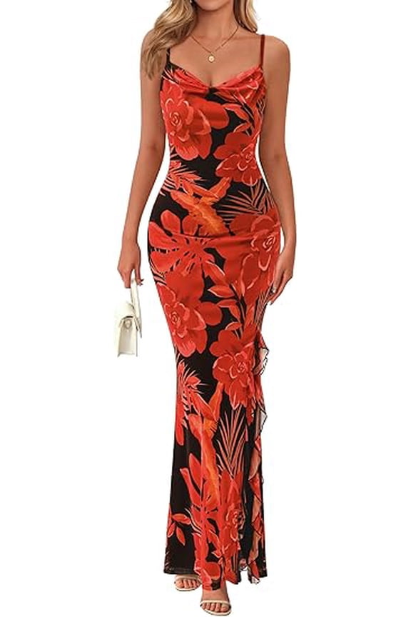 Women's Summer Floral Maxi Dress Spaghetti Strap Mesh Spring Wedding Guest Dresses Beach Vacation Sundress