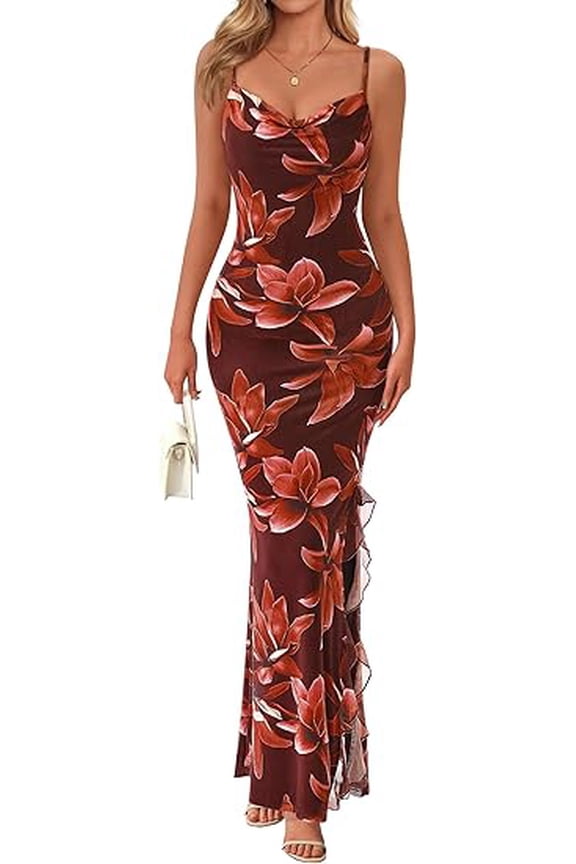 Women's Summer Floral Maxi Dress Spaghetti Strap Mesh Spring Wedding Guest Dresses Beach Vacation Sundress