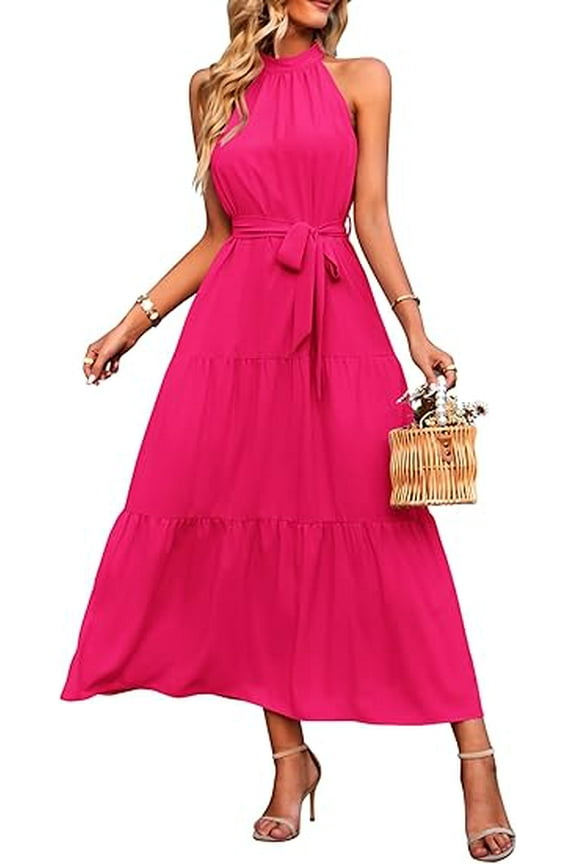 Women's Summer Floral Maxi Sun Dress Sleeveless Halter Neck Flowy Ruffle Hem Long Boho Dresses with Belt