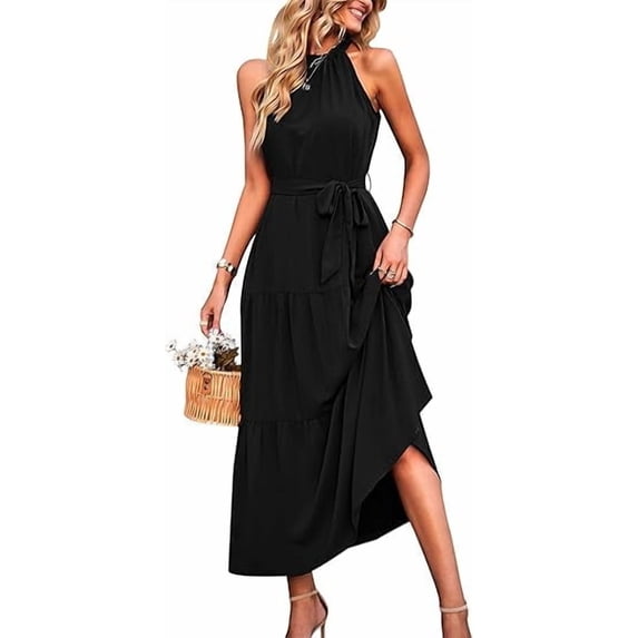 PRETTYGARDEN Women's Summer Floral Maxi Sun Dress Sleeveless Halter Neck Flowy Ruffle Hem Long Boho Dresses with Belt