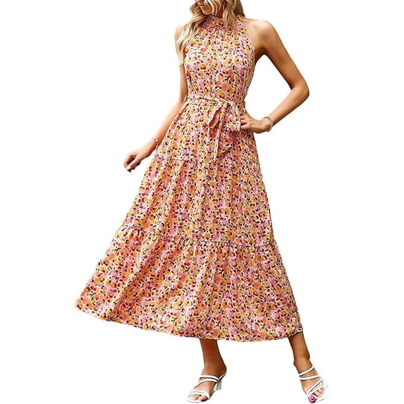 PRETTYGARDEN Women's Summer Floral Maxi Sun Dress Sleeveless Halter Neck Flowy Ruffle Hem Long Boho Dresses with Belt