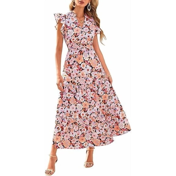 PRETTYGARDEN Women's Summer Floral Midi Dress Cap Sleeve V Neck Ruffle Long Flowy Boho Casual Beach Vacation Dresses