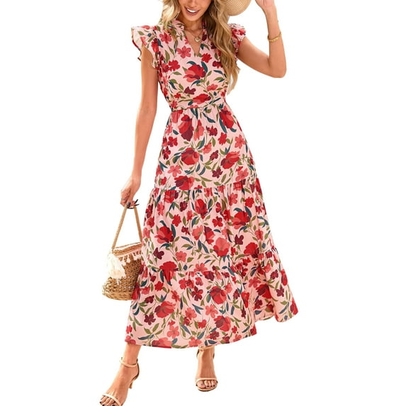 PRETTYGARDEN Women's Summer Floral Midi Dress Cap Sleeve V Neck Ruffle Long Flowy Boho Casual Beach Vacation Dresses