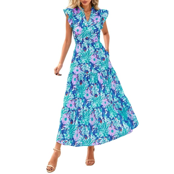 PRETTYGARDEN Women's Summer Floral Midi Dress Cap Sleeve V Neck Ruffle Long Flowy Boho Casual Beach Vacation Dresses