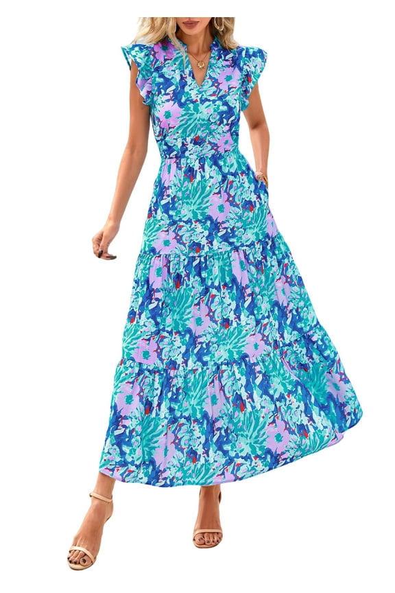 Women's Summer Floral Midi Dress Cap Sleeve V Neck Ruffle Long Flowy Boho Casual Beach Vacation Dresses
