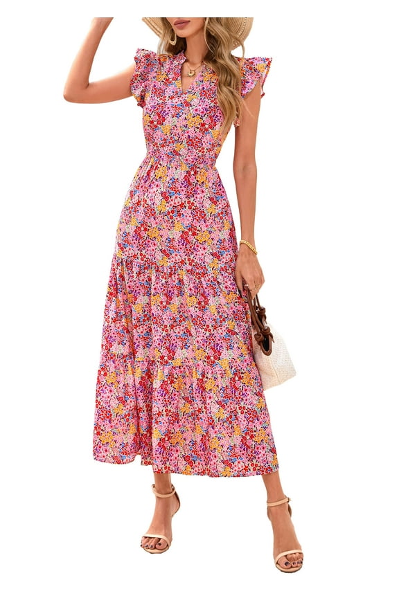 Women's Summer Floral Midi Dress Cap Sleeve V Neck Ruffle Long Flowy Boho Casual Beach Vacation Dresses