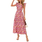 PRETTYGARDEN Womens Summer Floral Midi Dress Cap Sleeve V Neck Ruffle Long Flowy Boho Casual Beach Vacation Dresses