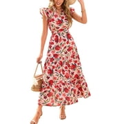 PRETTYGARDEN Women's Summer Floral Midi Dress Cap Sleeve V Neck Ruffle Long Flowy Boho Casual Beach Vacation Dresses