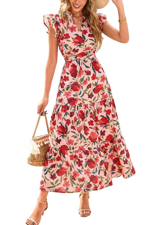 Women's Summer Floral Midi Dress Cap Sleeve V Neck Ruffle Long Flowy Boho Casual Beach Vacation Dresses