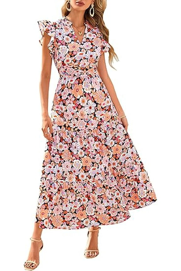 Women's Summer Floral Midi Dress Cap Sleeve V Neck Ruffle Long Flowy Boho Casual Beach Vacation Dresses