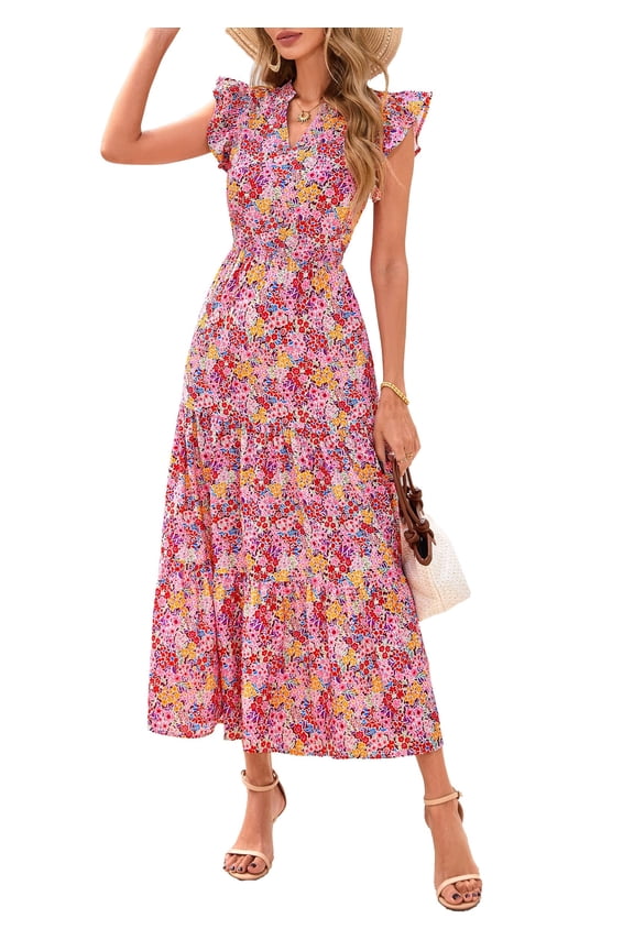 Women's Summer Floral Midi Dress Cap Sleeve V Neck Ruffle Long Flowy Boho Casual Beach Vacation Dresses