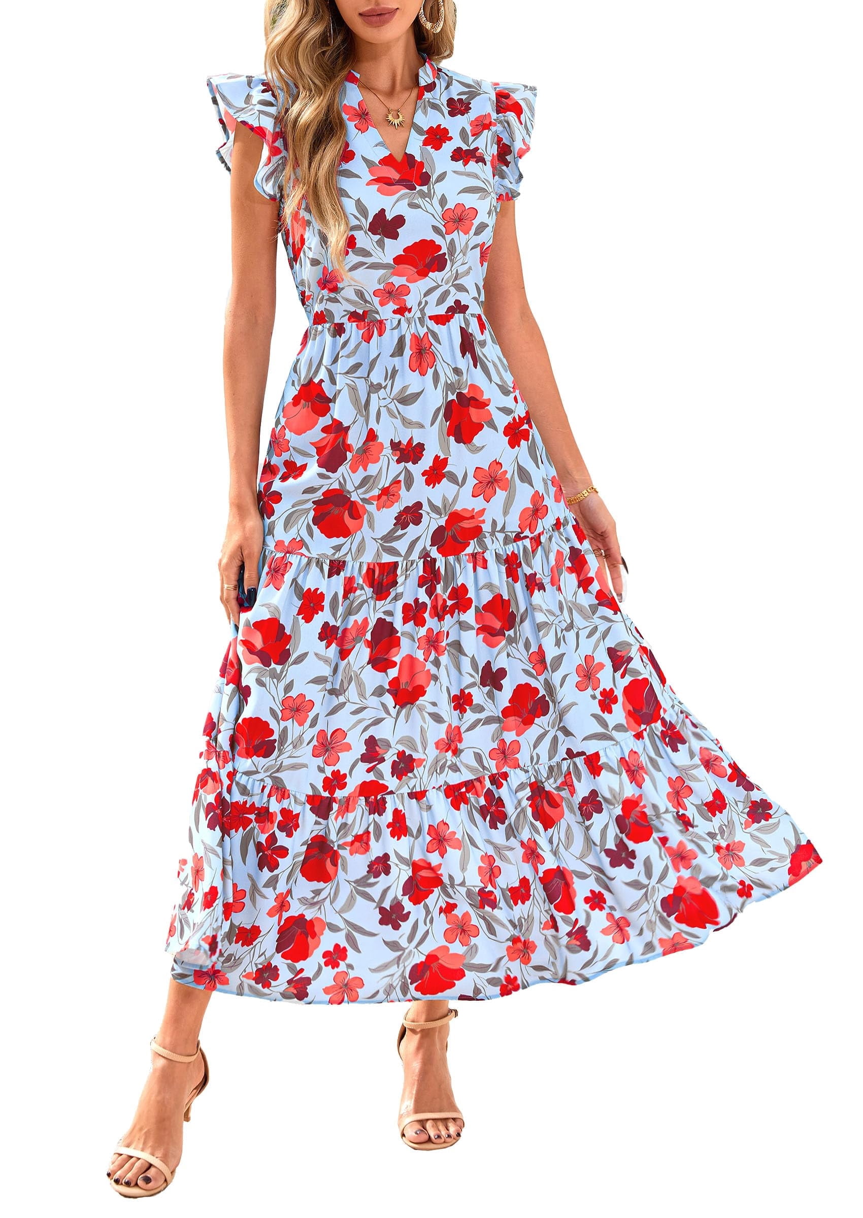 beautiful midi summer dresses Prettygarden Women's Summer Floral Midi Dress Cap Sleeve V Neck Ruffle Long Flowy Boho Casual Beach Vacation Dresses, Size: Small, Blue