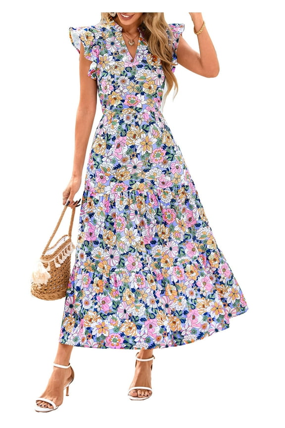 Women's Summer Floral Midi Dress Cap Sleeve V Neck Ruffle Long Flowy Boho Casual Beach Vacation Dresses