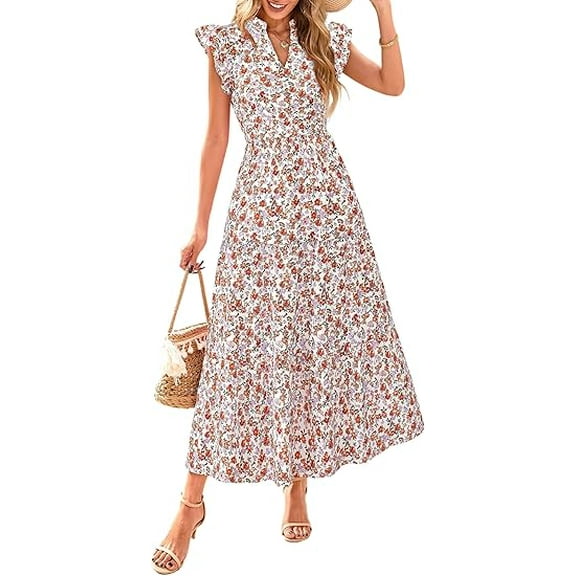 PRETTYGARDEN Women's Summer Floral Midi Dress Cap Sleeve V Neck Ruffle Long Flowy Boho Casual Beach Vacation Dresses