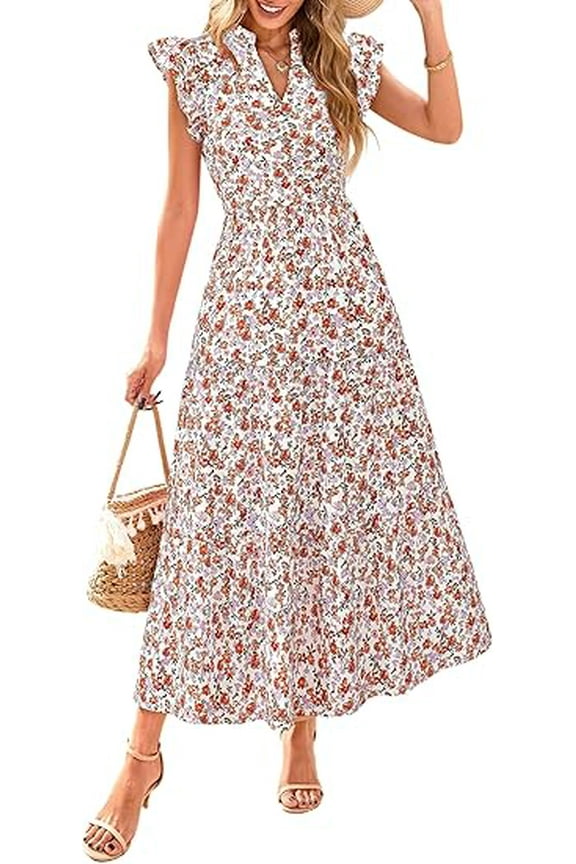 Women's Summer Floral Midi Dress Cap Sleeve V Neck Ruffle Long Flowy Boho Casual Beach Vacation Dresses