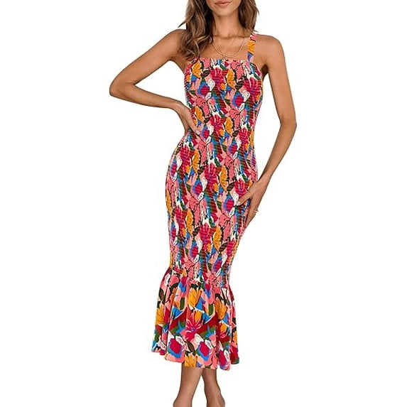 PRETTYGARDEN Women's Summer Floral Midi Tank Dress Sleeveless Strappy Ruffle Hem Smocked Bodycon Dresses