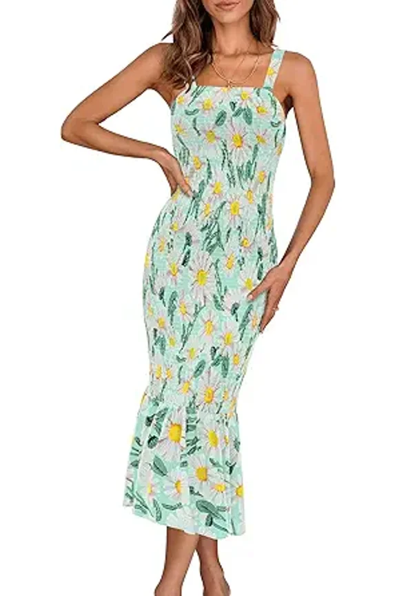 Women's Summer Floral Midi Tank Dress Sleeveless Strappy Ruffle Hem Smocked Bodycon Dresses