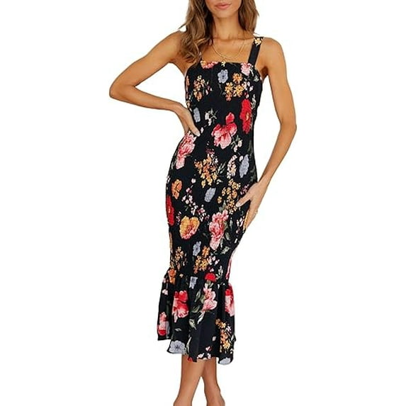 PRETTYGARDEN Women's Summer Floral Midi Tank Dress Sleeveless Strappy Ruffle Hem Smocked Bodycon Dresses