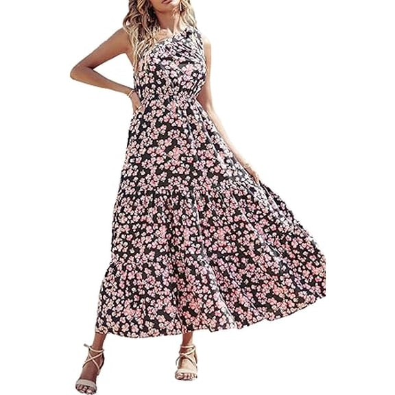 PRETTYGARDEN Women's Summer Floral One Shoulder Maxi Dress Knot Ruffle Boho Beach Vacation Wedding Guest Long Sun Dresses